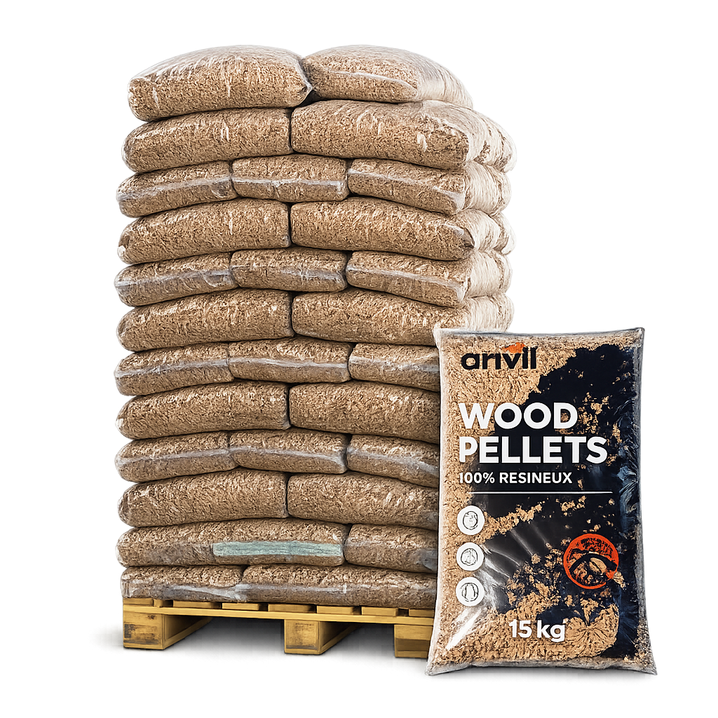 Une palette de sacs de granulés de bois empilés, dont un sac portant l'inscription « Granulés de bois 100% résineux ».