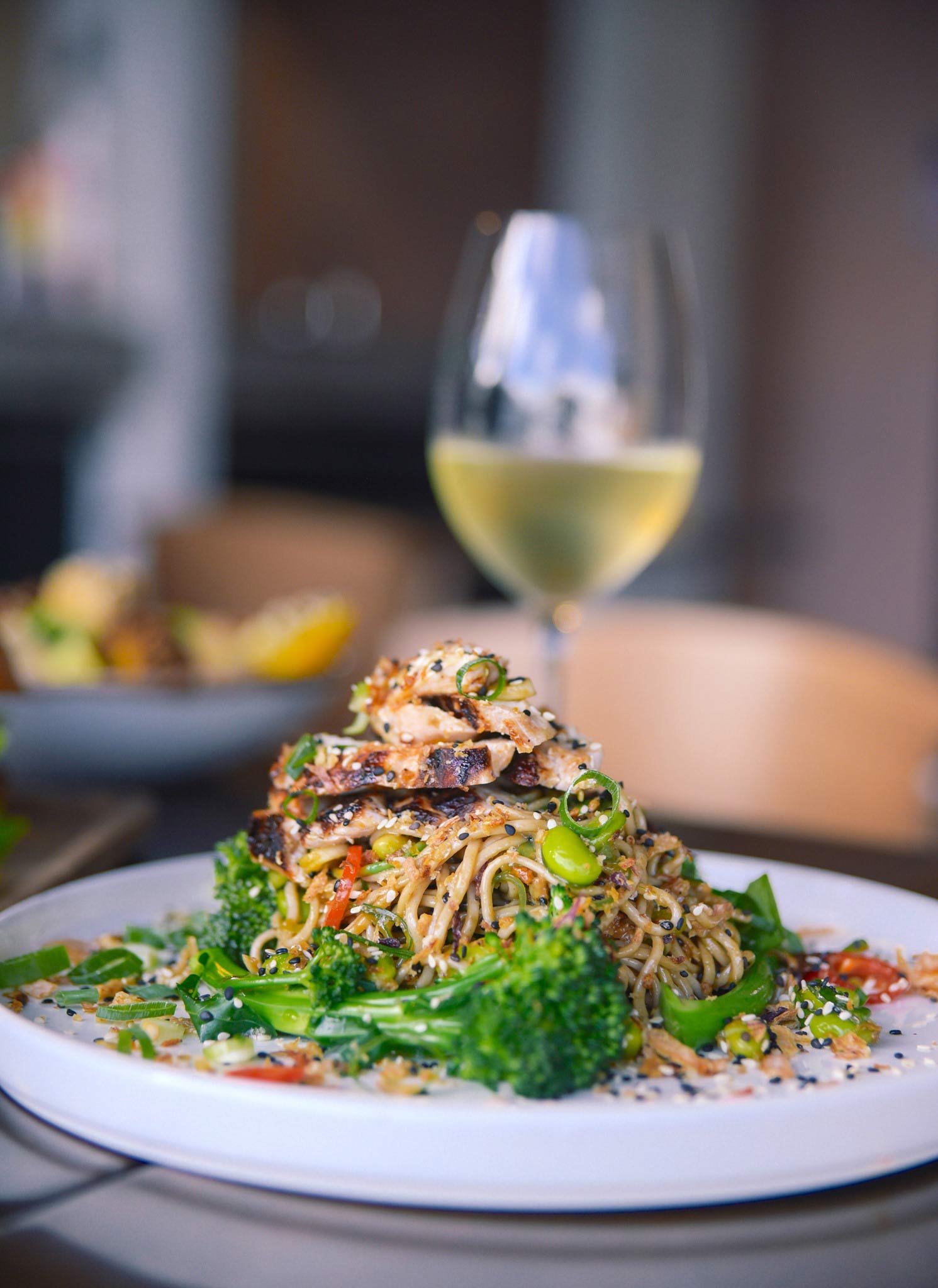 Noodles Topped With Grilled Chicken — Cafe, Bar and Catering Services in Southport, QLD