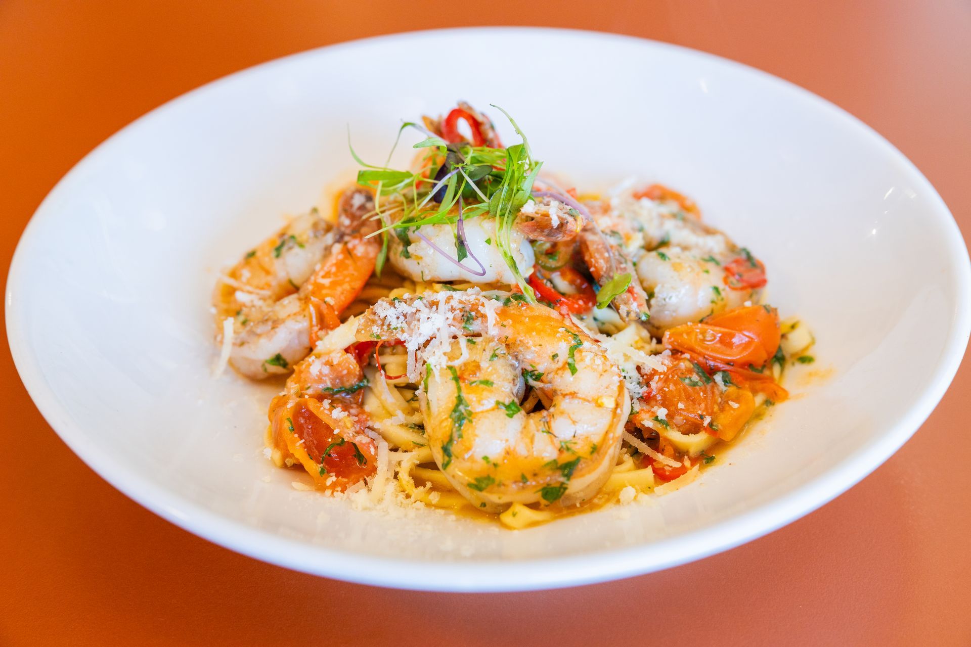 Prawn Pasta Dish at the Restaurant — Cafe, Bar and Catering Services in Southport, QLD