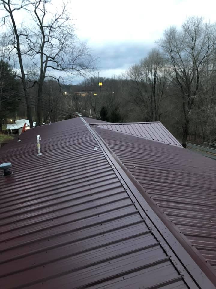 A close up of a roof with trees in the background.
