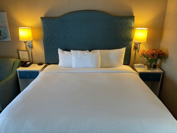 A hotel room with a king size bed and two nightstands.