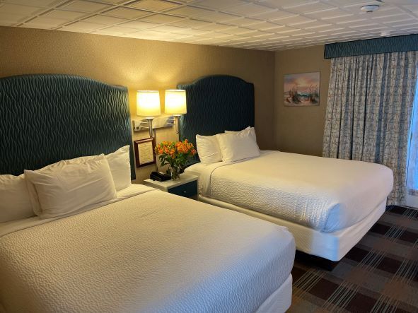 A hotel room with two beds and two lamps.