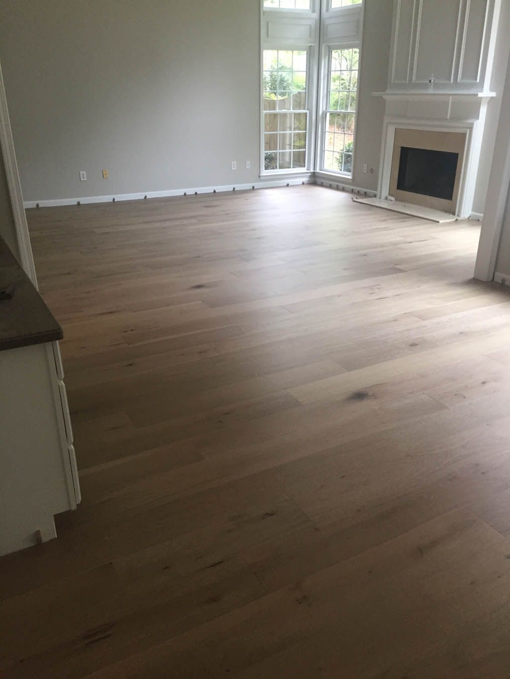 A living room with hardwood floors and a fireplace.