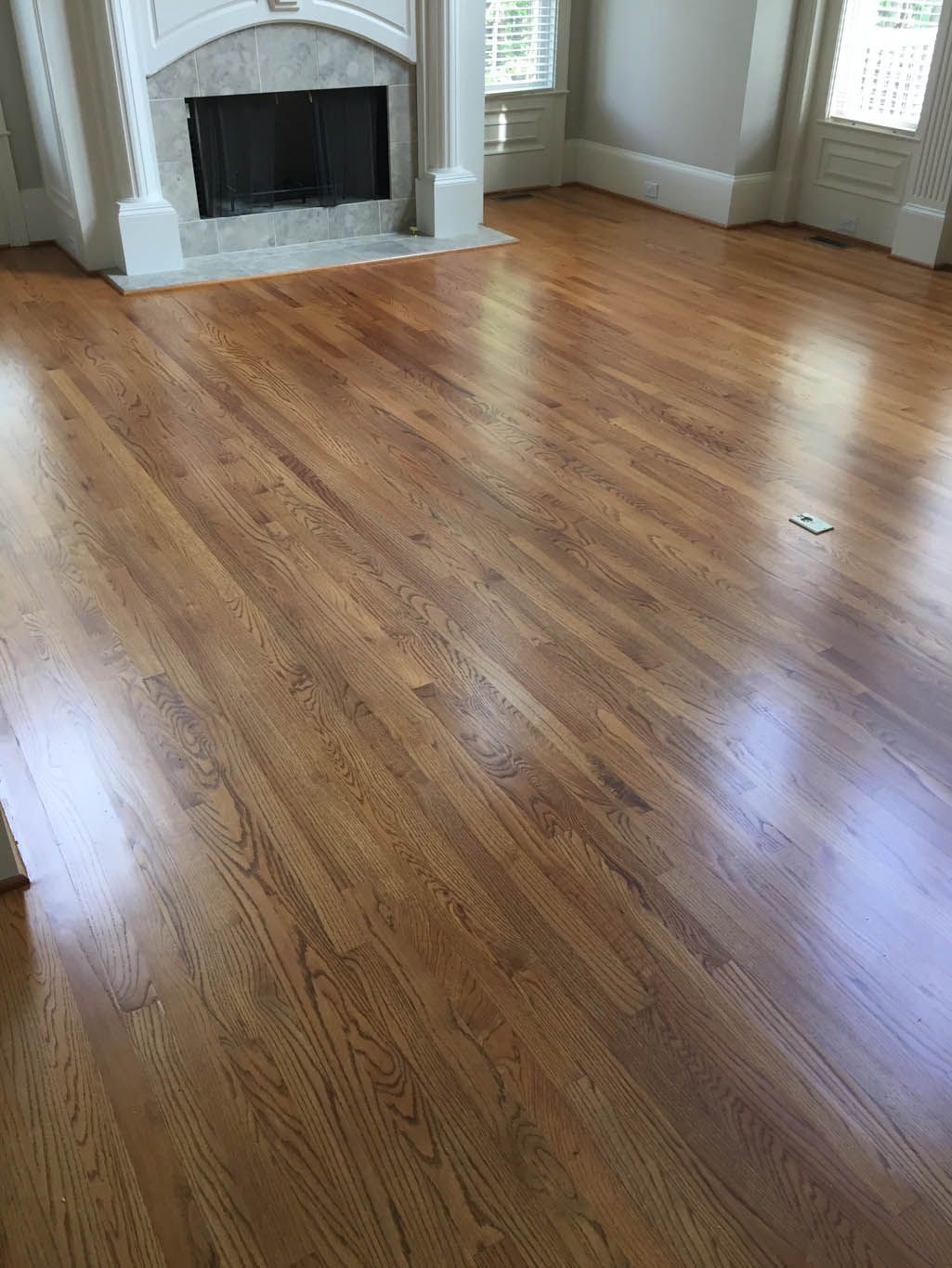 A living room with hardwood floors and a fireplace.