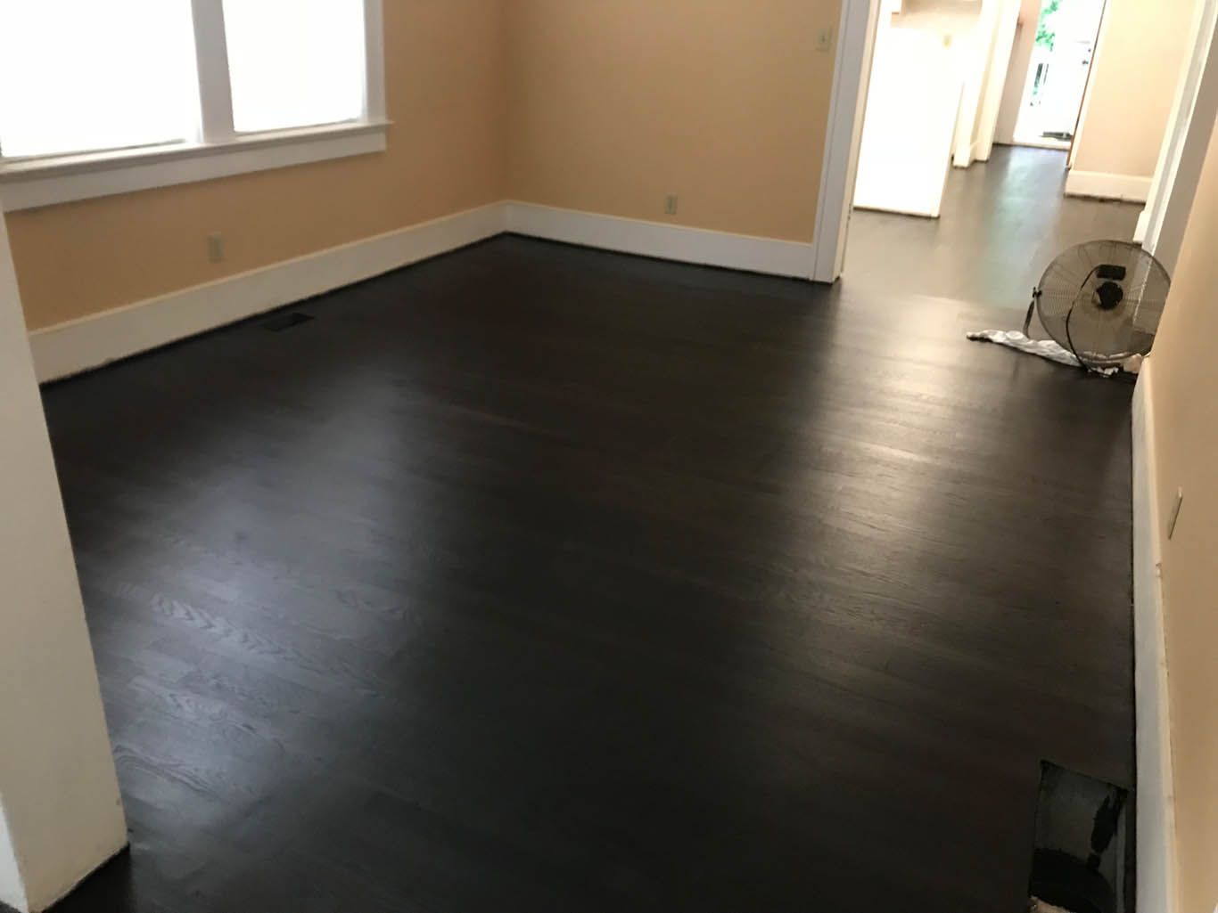 An empty living room with a black floor and a fan.