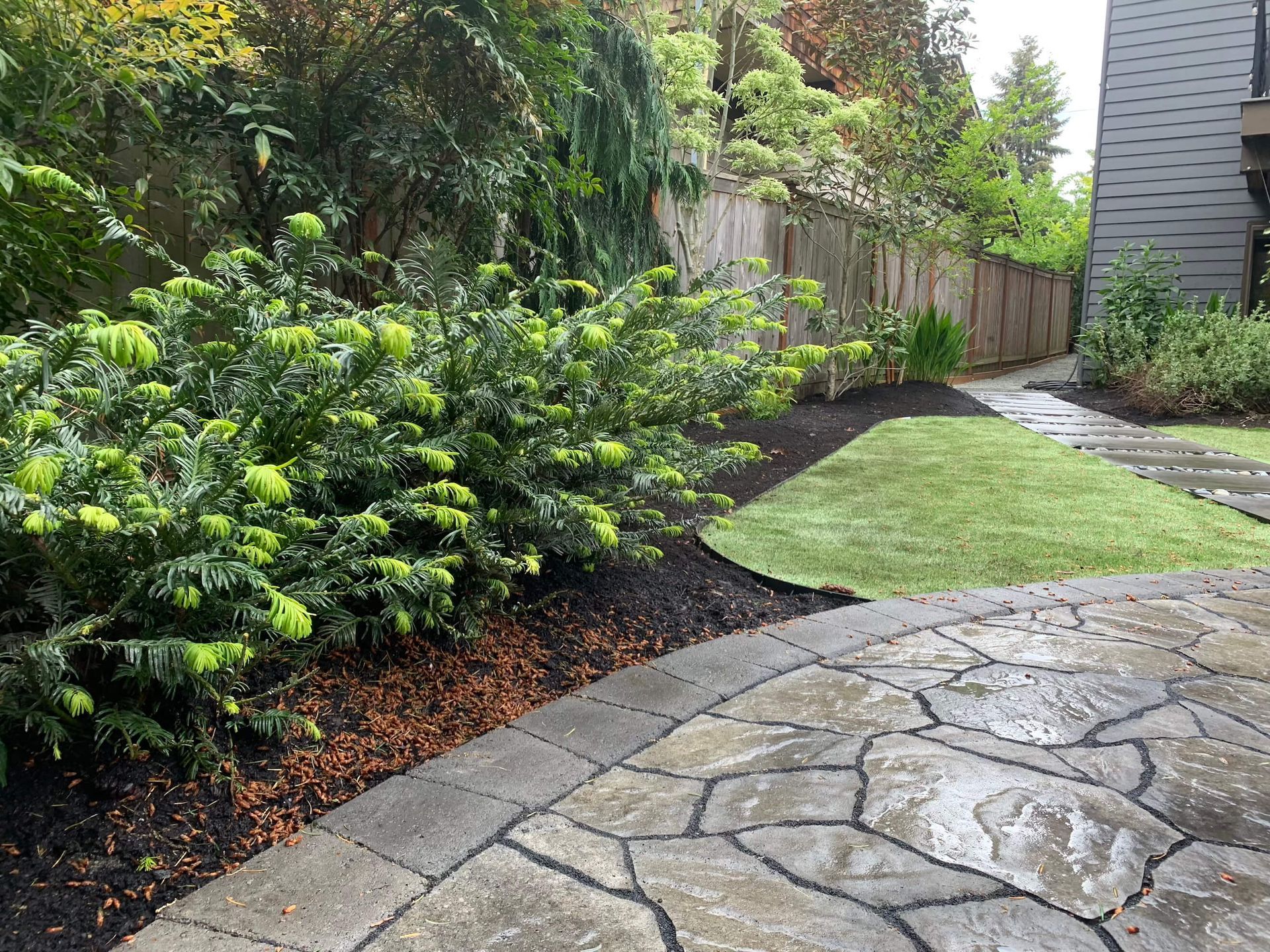A stone walkway leading to a lush green yard with a fence in the background.