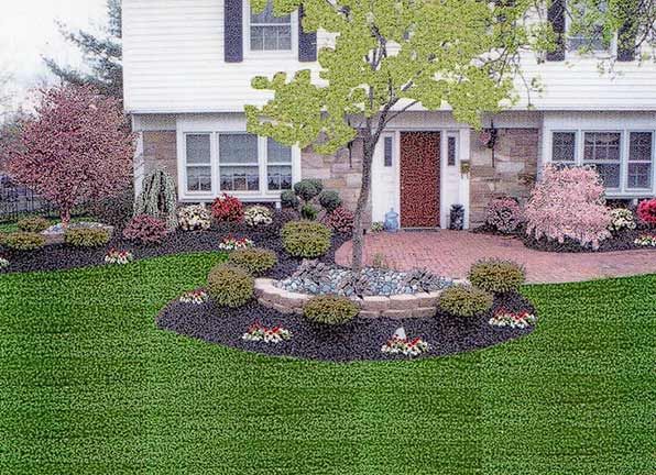 A house with a lush green lawn and flowers in front of it.