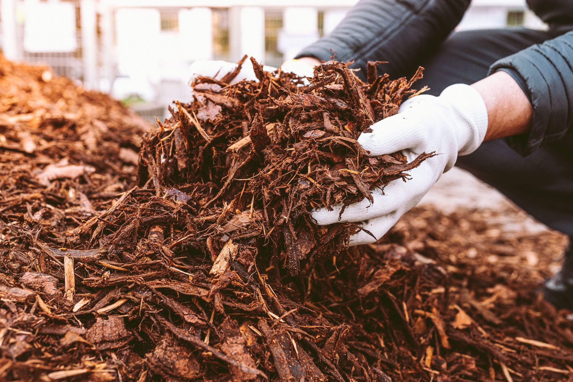 Person wearing gloves holding brown wood mulch outdoors.