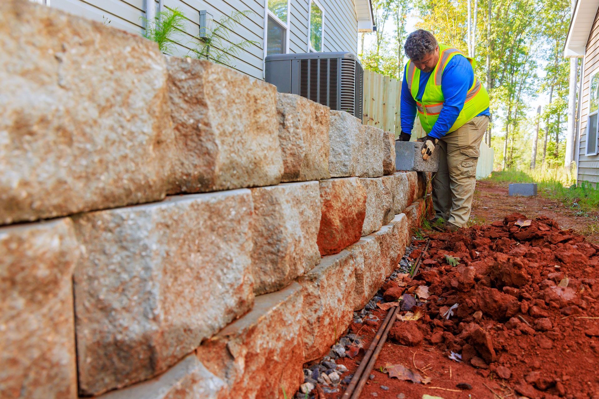 Man building a retaining wall next to a house; stones are brown and beige; he is wearing a yellow vest.