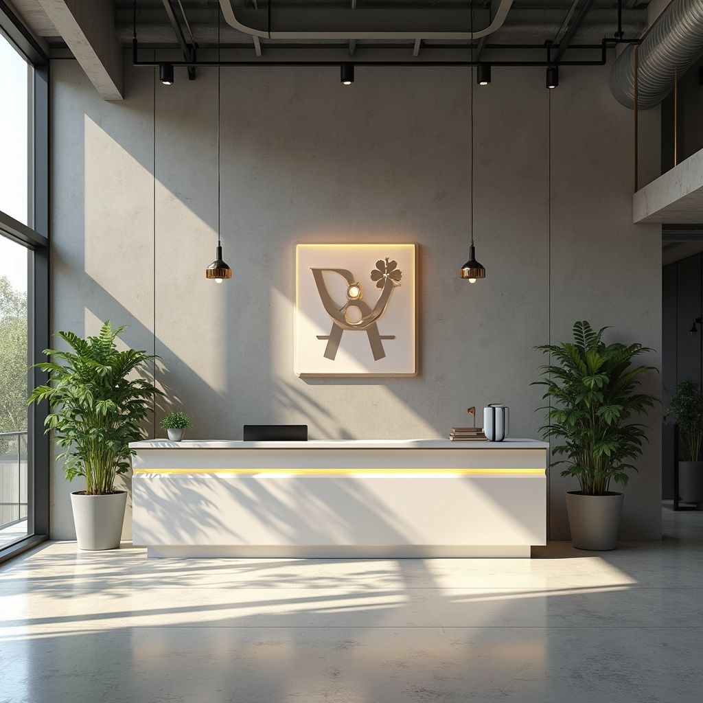 Moderna area reception per ufficio con scrivania bianca, piante, opere d'arte e ampie finestre.