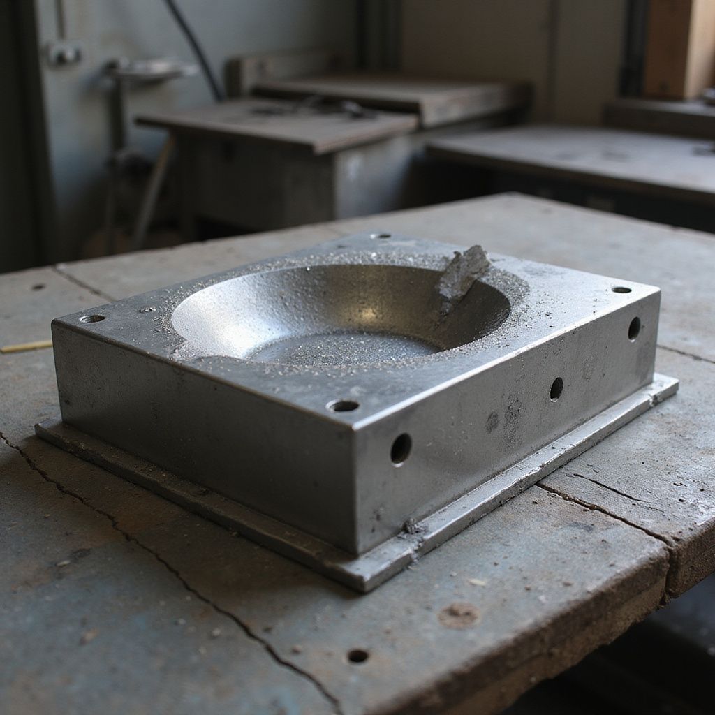 Stampo metallico su un banco da lavoro in un'officina.