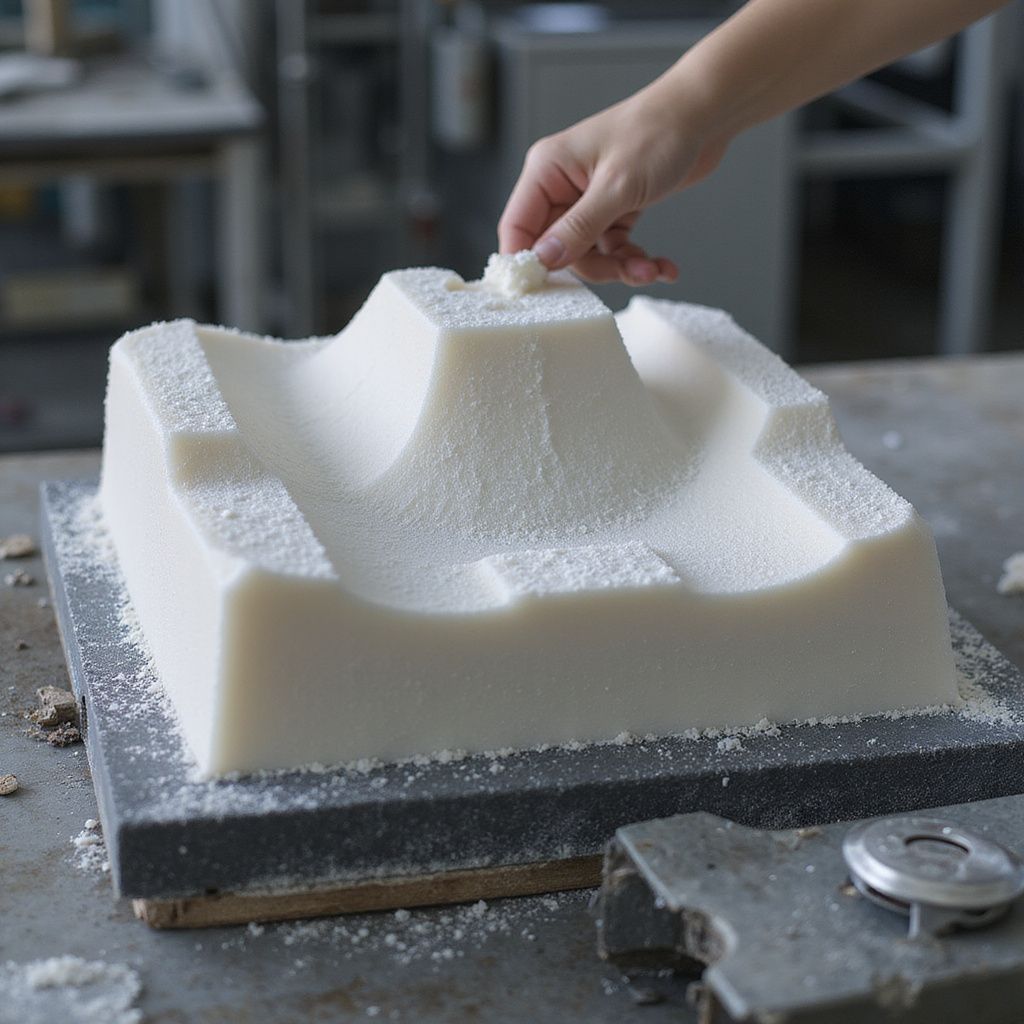 Posizionamento manuale del materiale su uno stampo bianco, simile alla schiuma, in un laboratorio.