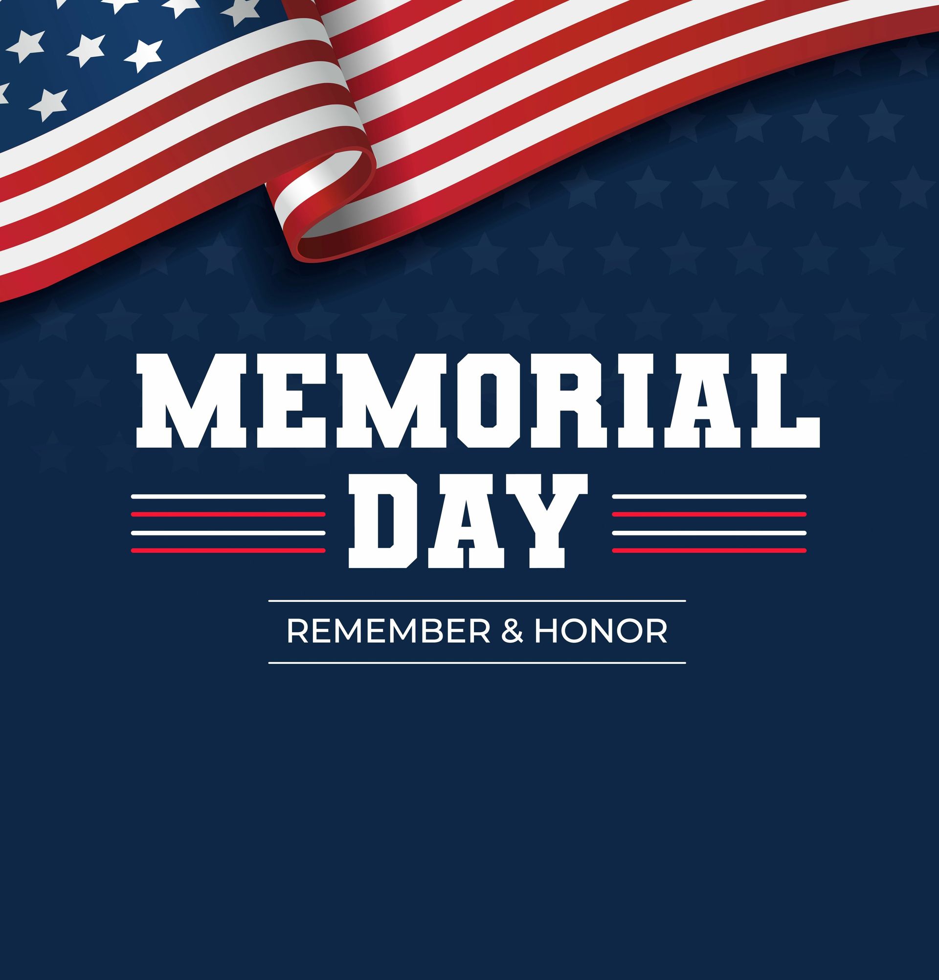 Memorial Day graphic with American flag and text: 