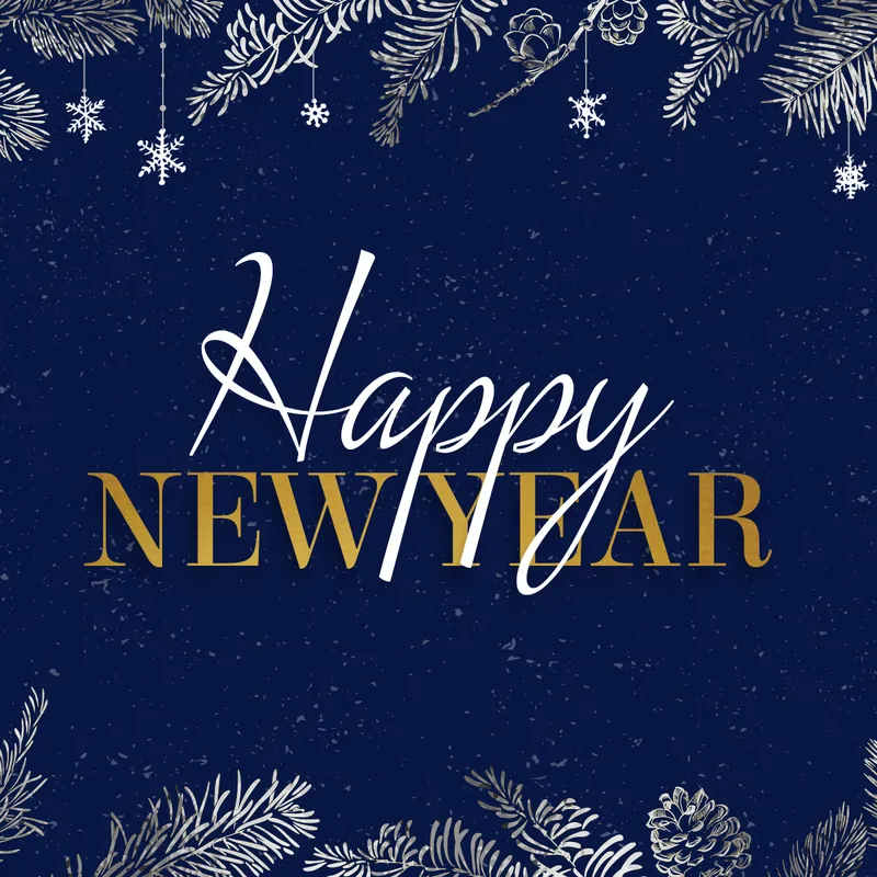 Happy New Year greeting with white script and gold text on a navy blue background, decorated with silver evergreen branches and snowflakes.