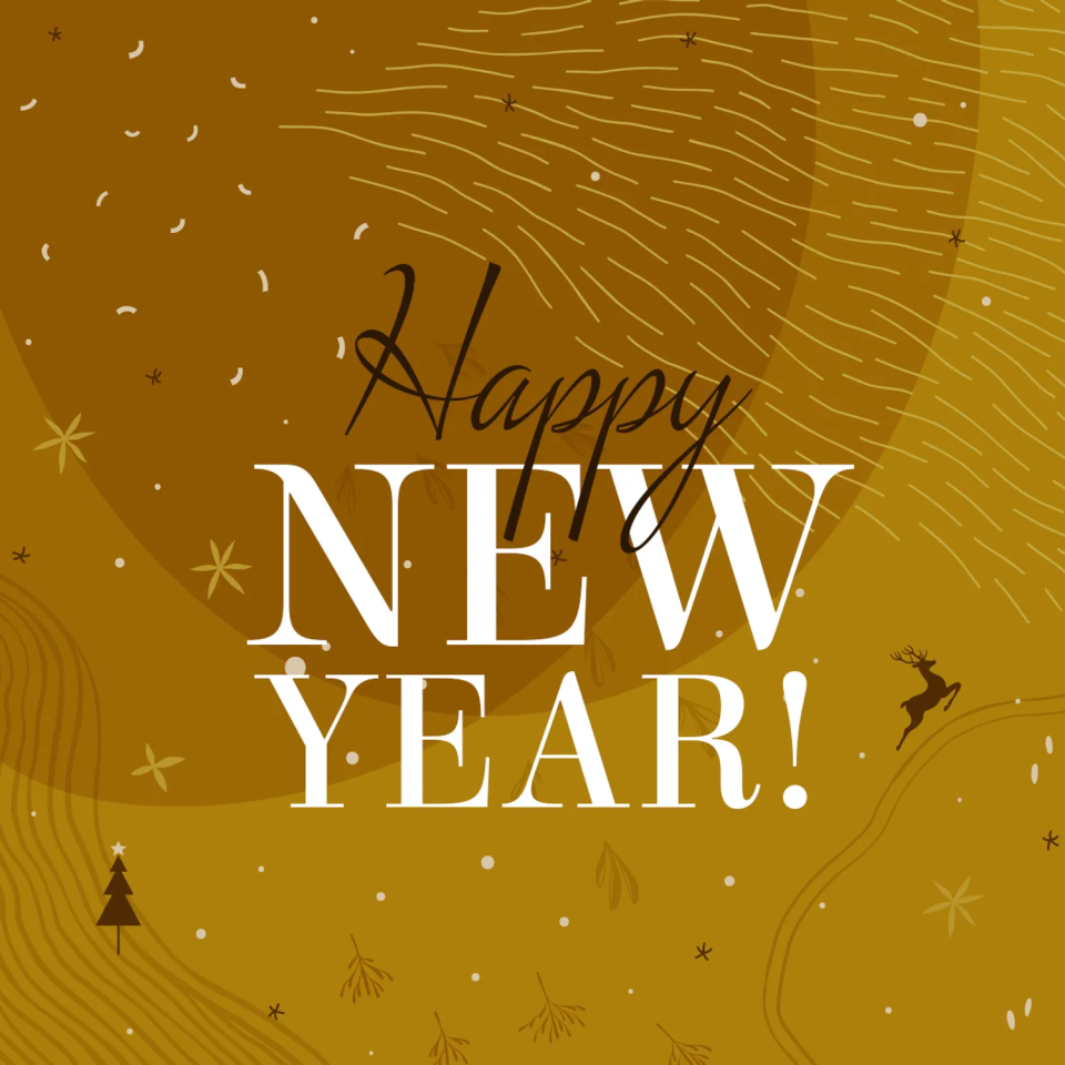 Happy New Year greeting with gold background, whimsical lines, stars, and a reindeer silhouette.