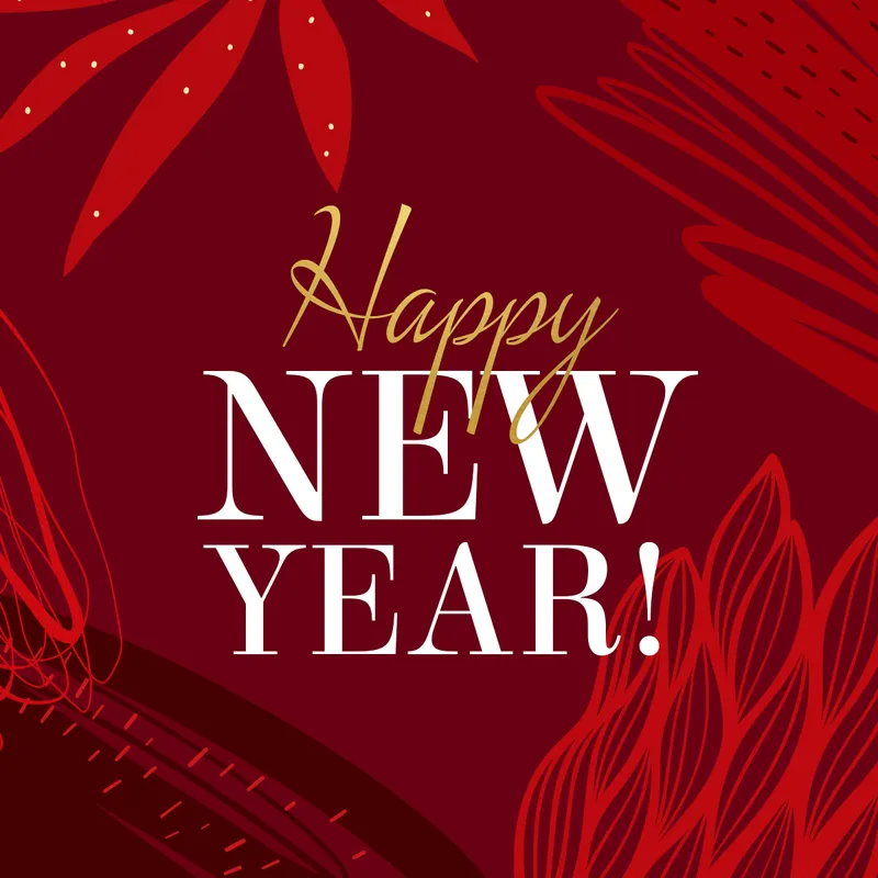 Happy New Year text in white and gold on a red background with red floral design elements.