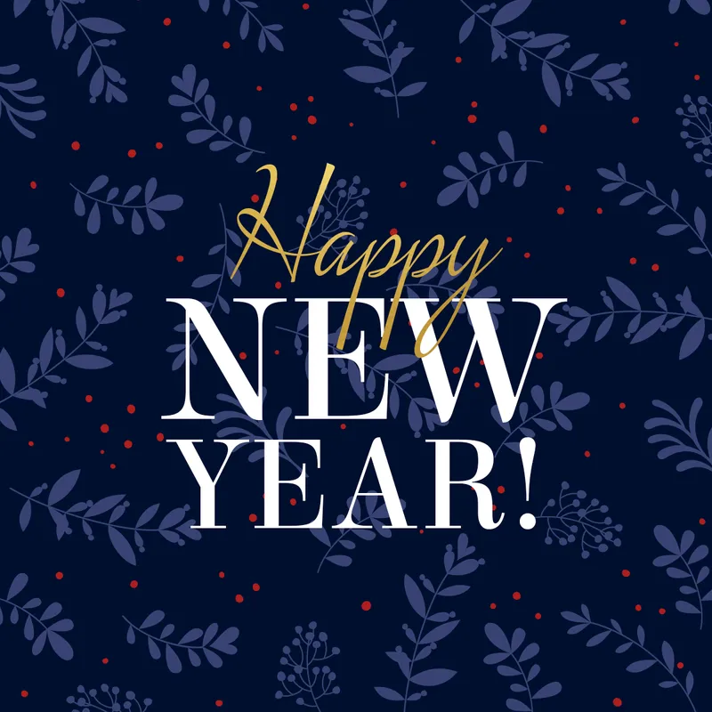 Happy New Year greeting on a dark blue floral background with red dots.