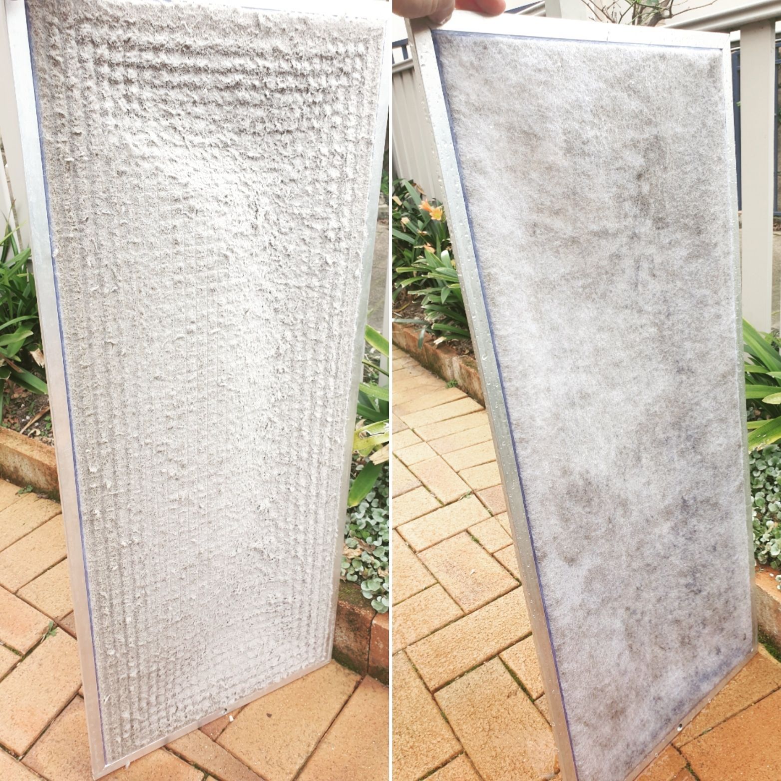 A picture of a dirty and clean filter on a brick walkway — Coastline Air In Forresters Beach, NSW