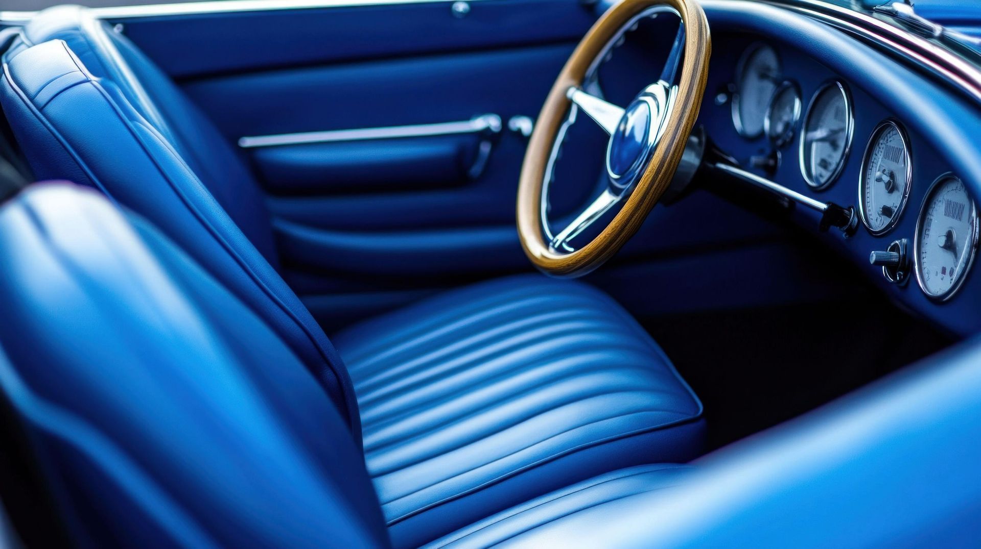 Blue interior of a vintage convertible car with leather seats, wooden steering wheel, and gauges.