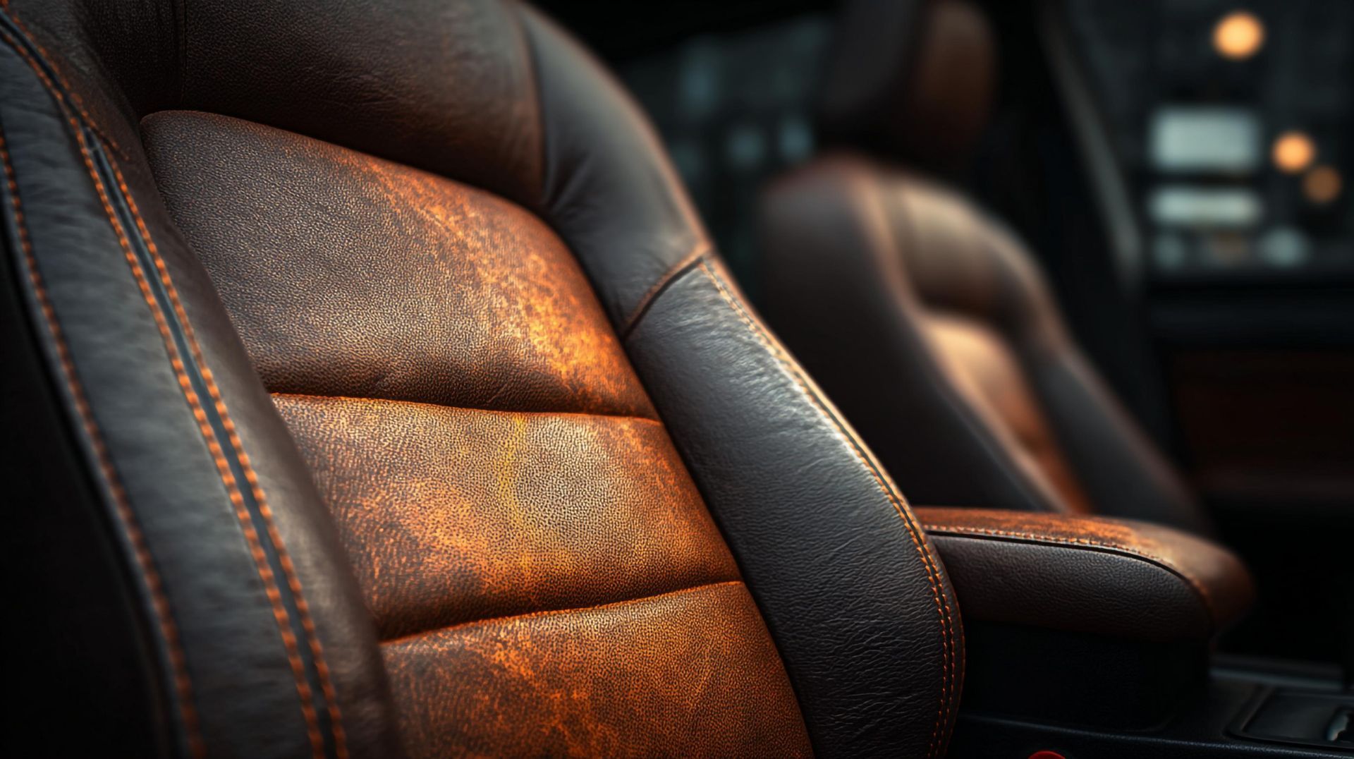 Close-up of car seats, distressed brown leather with contrasting darker brown trim.