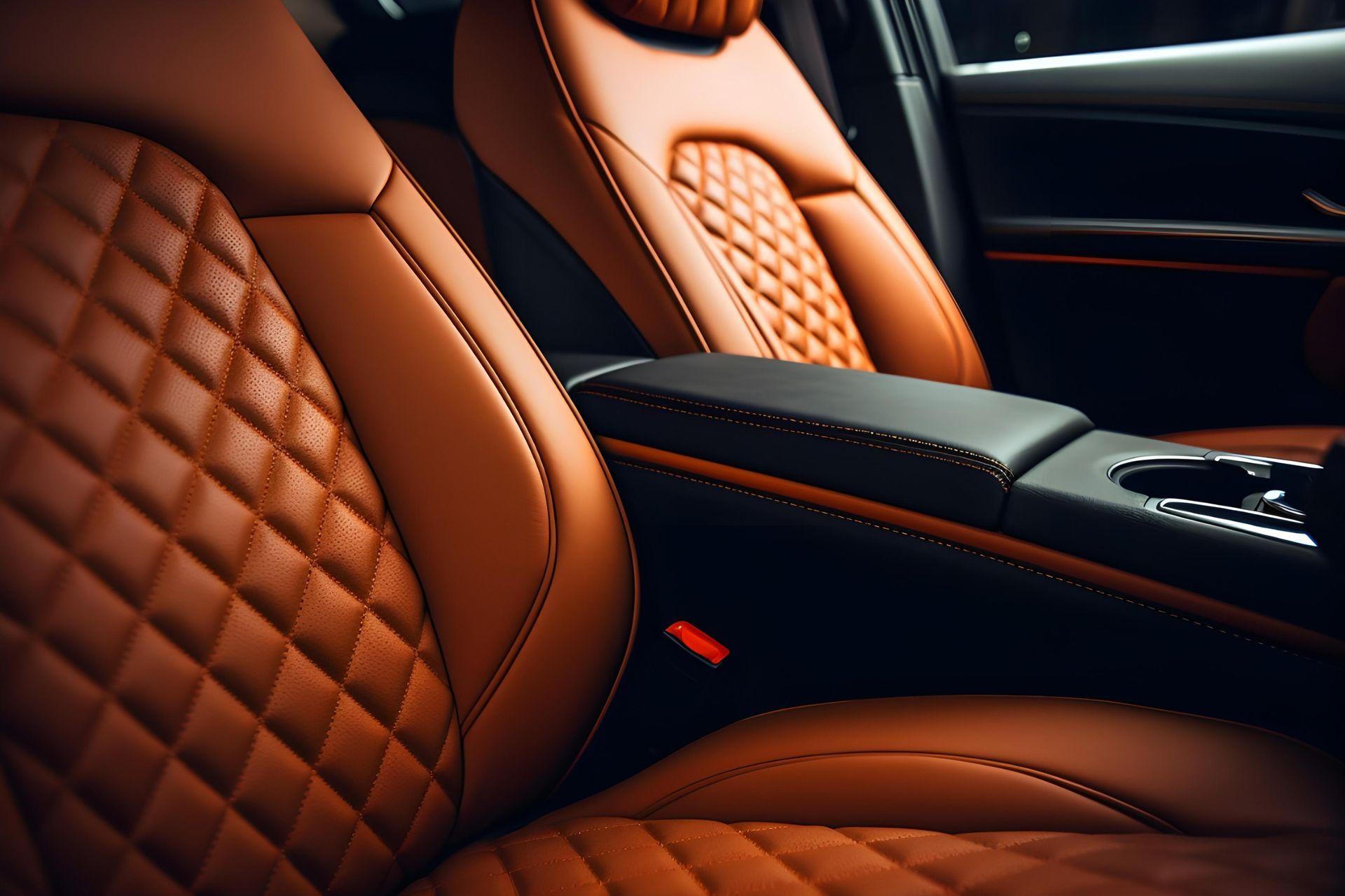 Brown leather car seats with diamond stitching, center console.