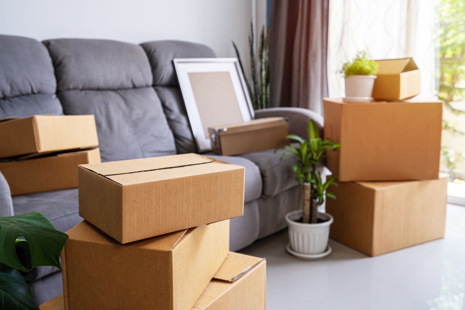 Several stacks of cardboard boxes are placed inside a living room.