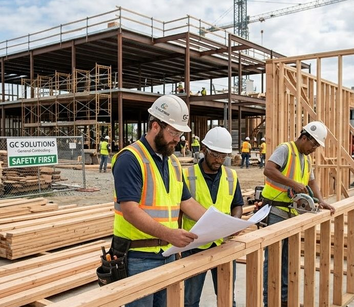 Three workers in hard hats and safety vests stand on a construction site, reviewing blueprints near wooden framing.