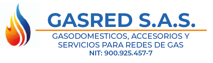 Logotipo de GASRED SAS con gráfico de llama y texto para productos, accesorios y servicios domésticos a gas.