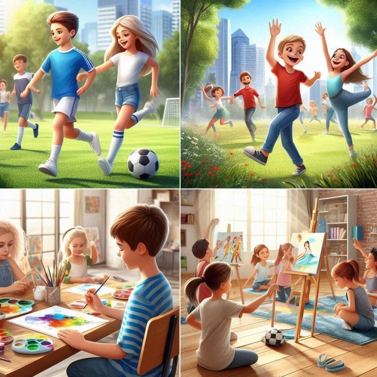 A collage of four pictures of children playing with a soccer ball