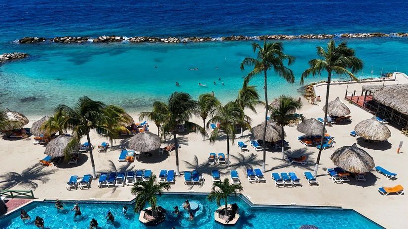 An aerial view of a beach with palm trees and a large swimming pool.