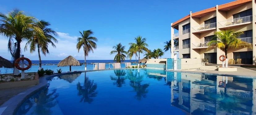 A large swimming pool in front of a hotel with palm trees and the ocean in the background.