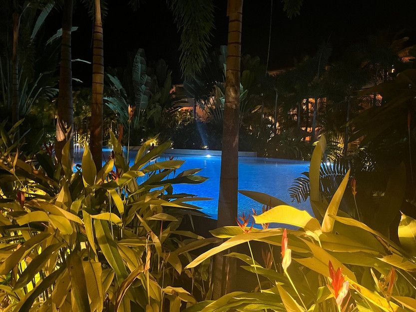 A large swimming pool is lit up at night