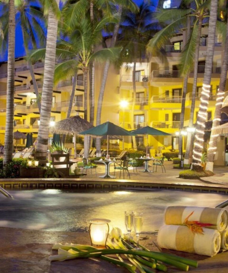 A swimming pool surrounded by palm trees at night