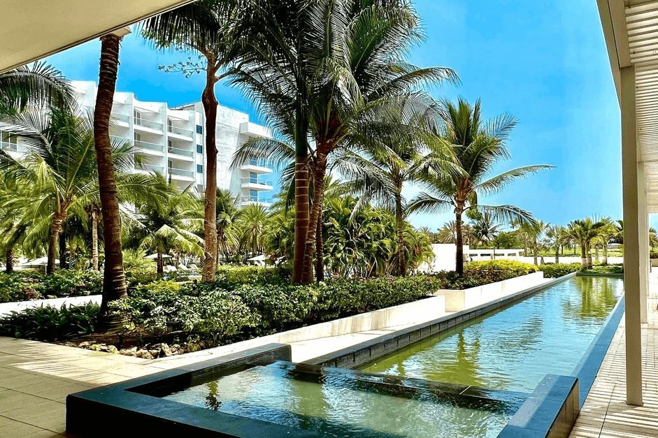 A large pool surrounded by palm trees and a building in the background.