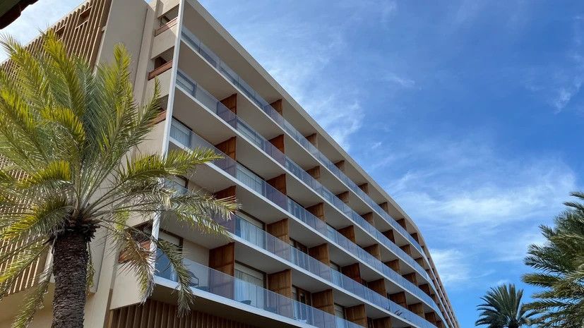 A large building with a palm tree in front of it.