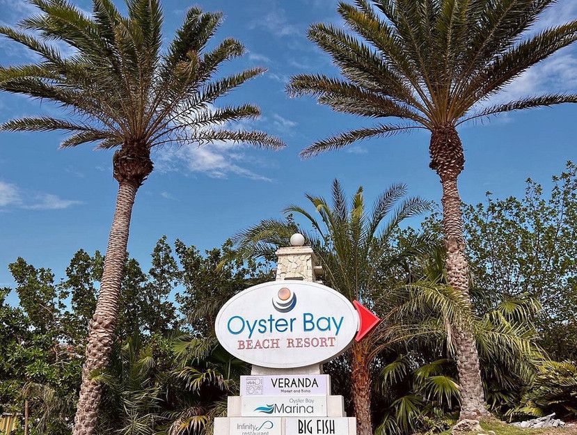 A sign for oyster bay beach resort is surrounded by palm trees.