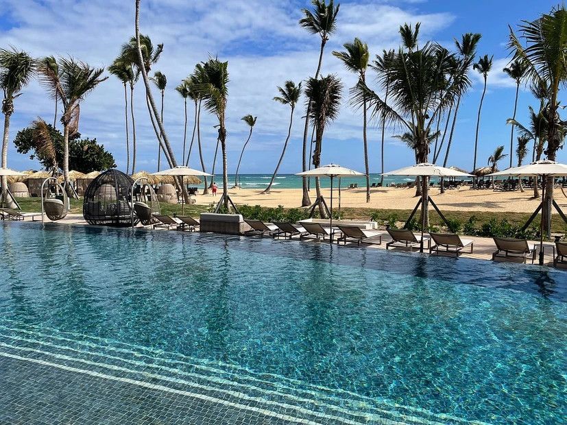 A large swimming pool surrounded by palm trees and chairs