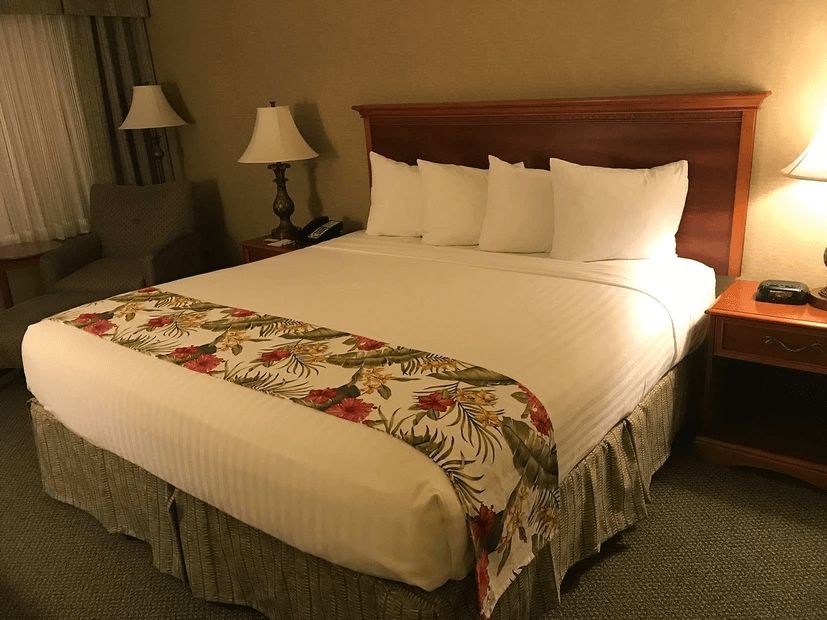 A hotel room with a king size bed and two lamps