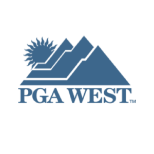 A logo for pga west with a mountain and sun