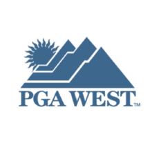 A logo for pga west with a mountain and sun