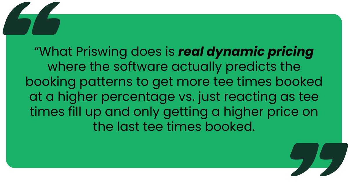 Green quotation box containing text about Priswing software providing real predictive dynamic pricing for golf tee times.