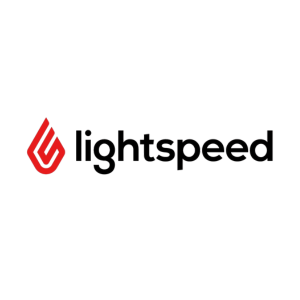 A lightspeed logo with a red arrow on a white background.