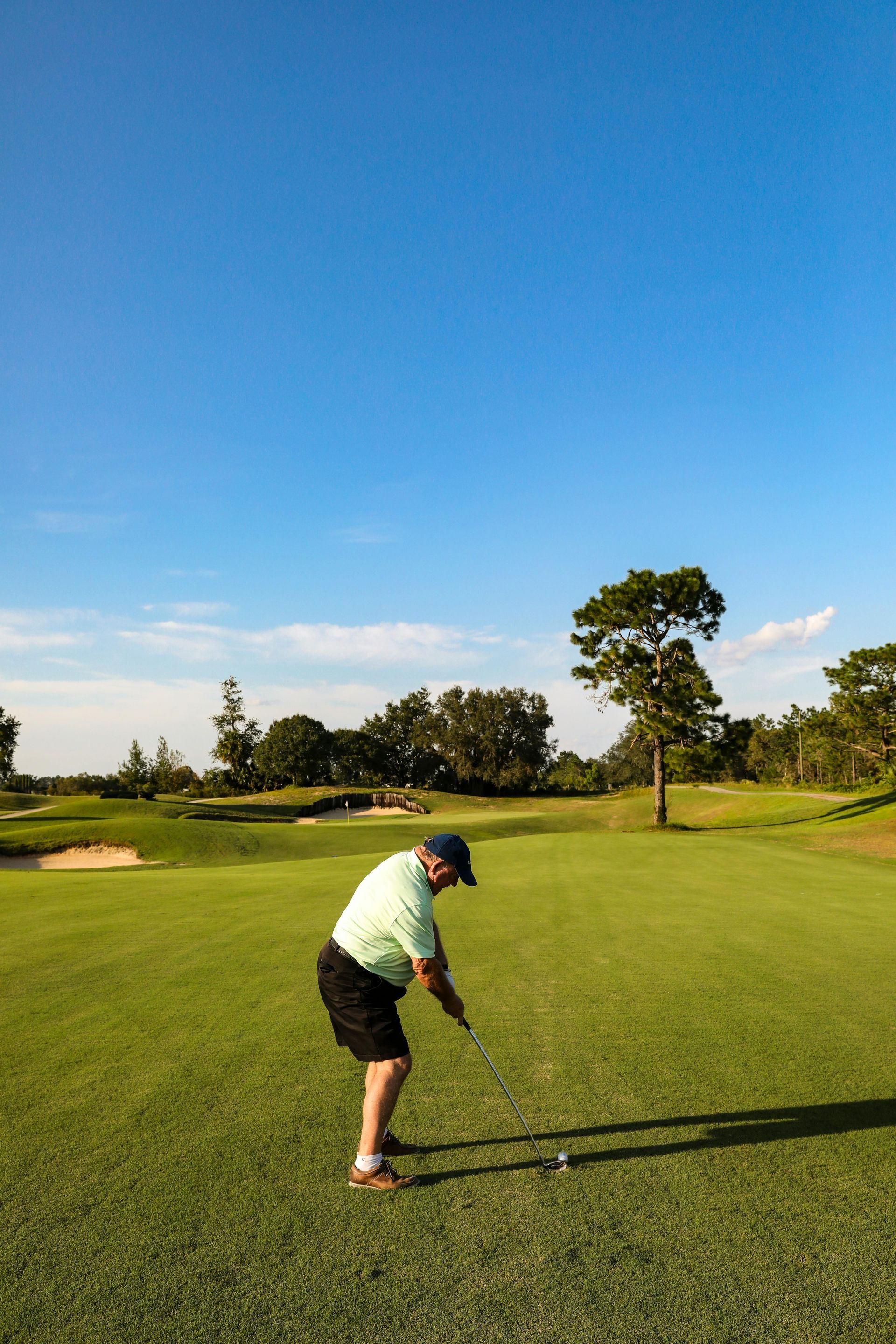 A winding paved path meanders through a lush, rolling green park landscape with scattered trees under a bright sky.