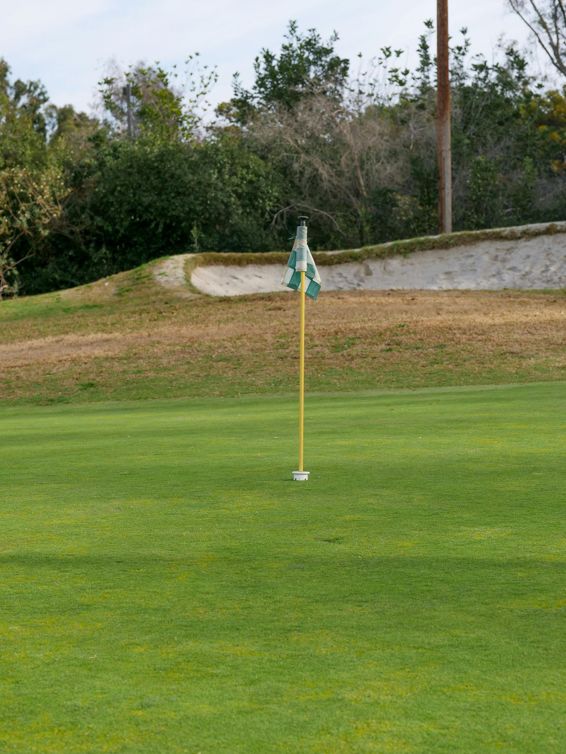 A golf course with a flag on the green