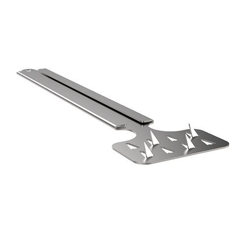 A close up of a stainless steel spatula on a white background.