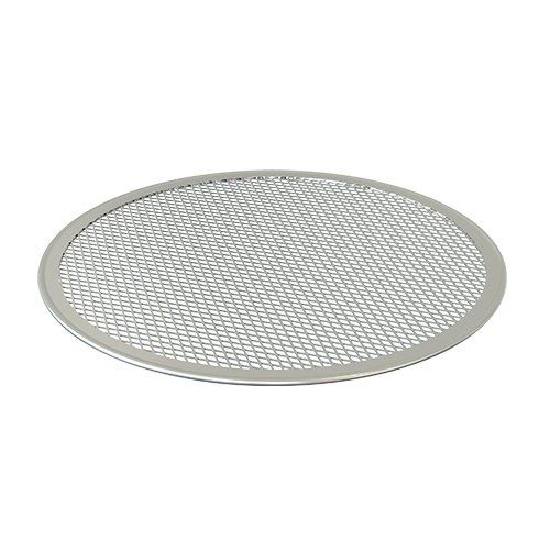 A stainless steel pizza screen on a white background.