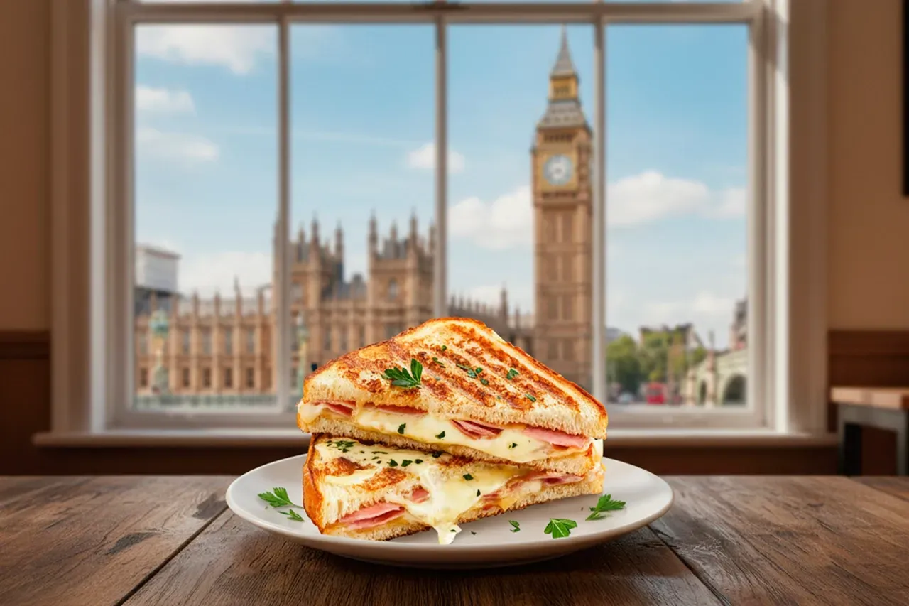 heese and ham sandwich served on a plate at a café table with Big Ben in the background.