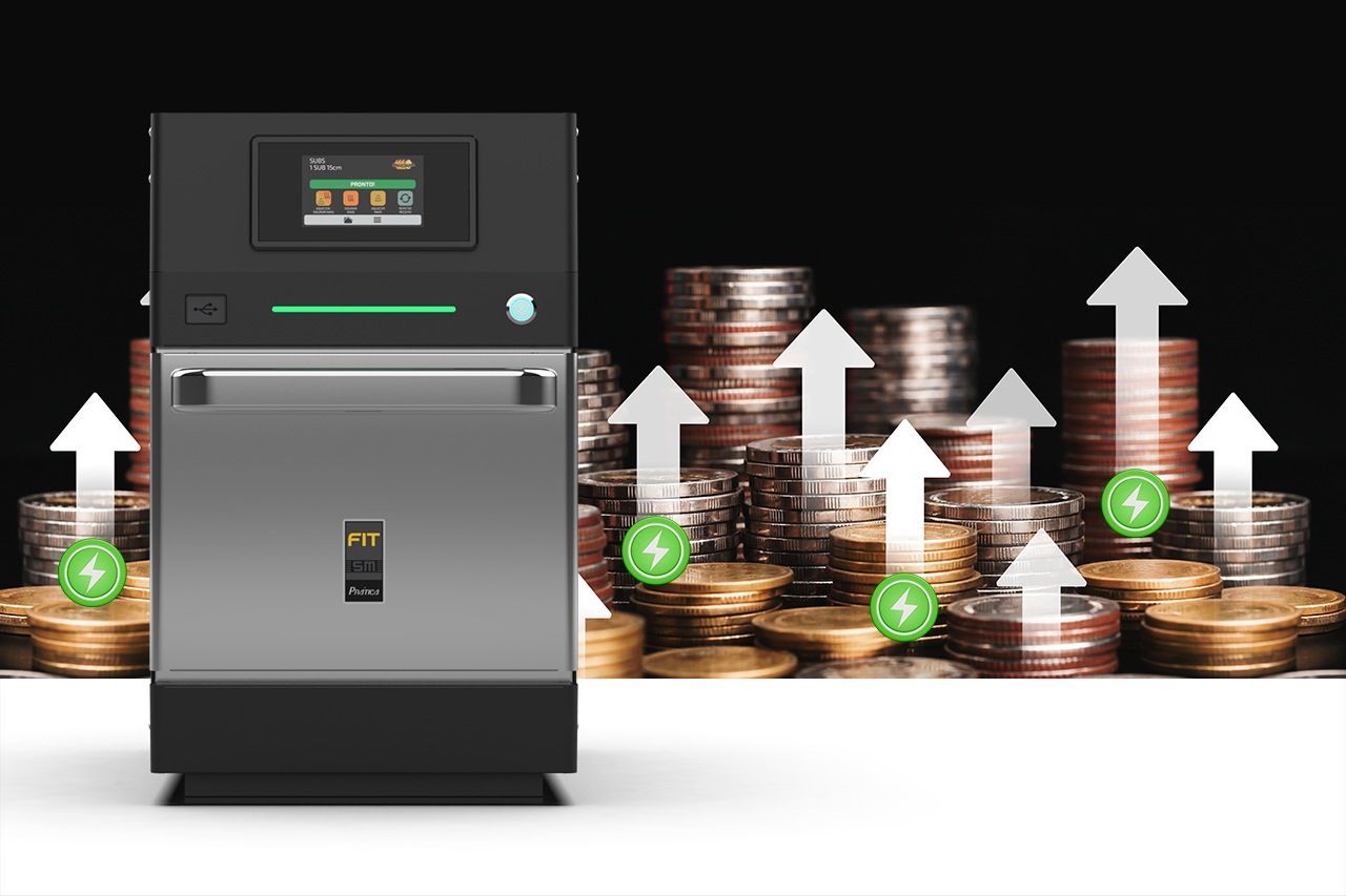 Prática’s Fit SM Speed Oven displayed with coins, arrows, and an energy efficiency symbol 