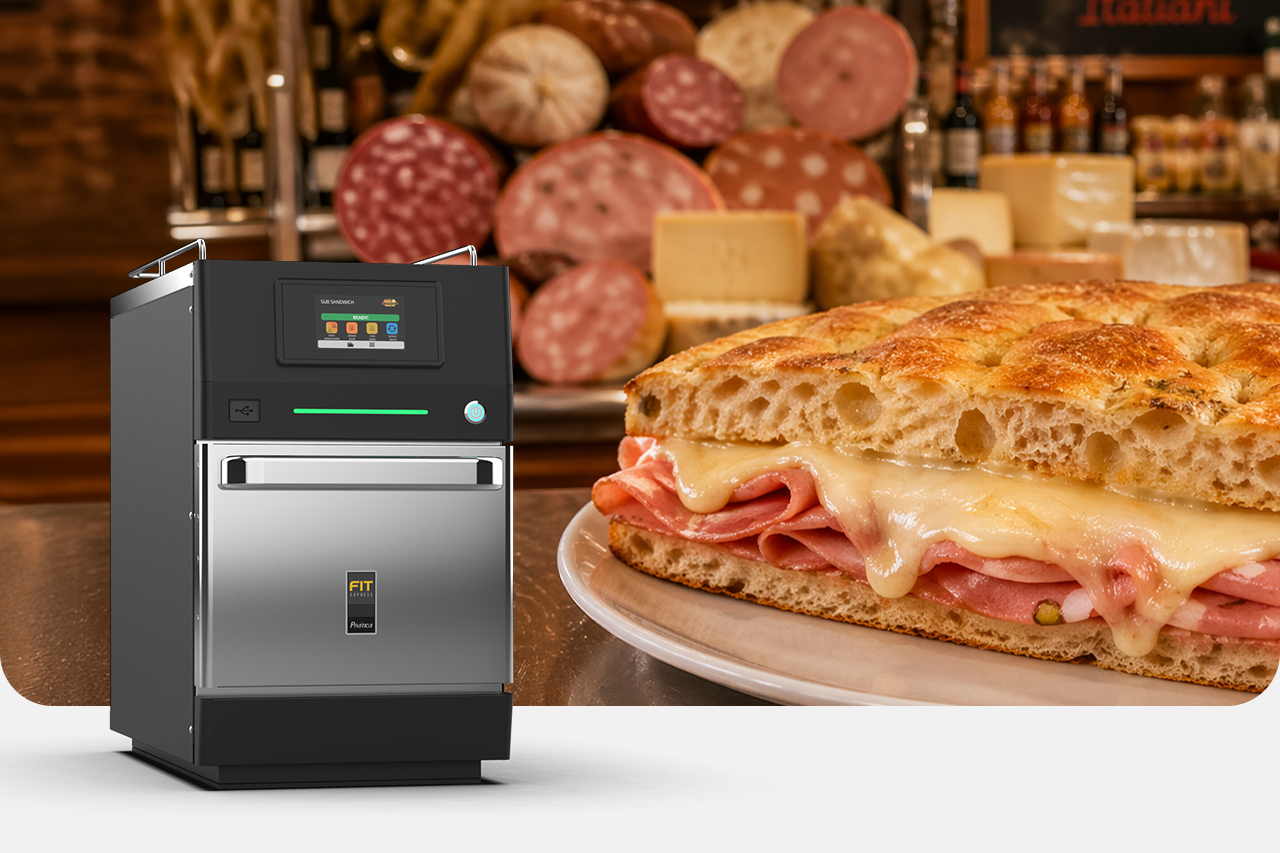 Crispy hot sandwich and Prática Speed Oven in deli environment