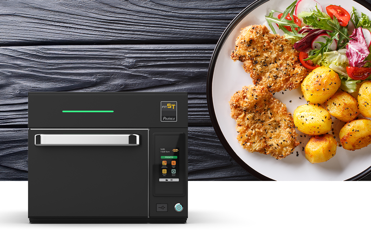 Prática Fit ST Speed Oven displayed with plated dish in the background